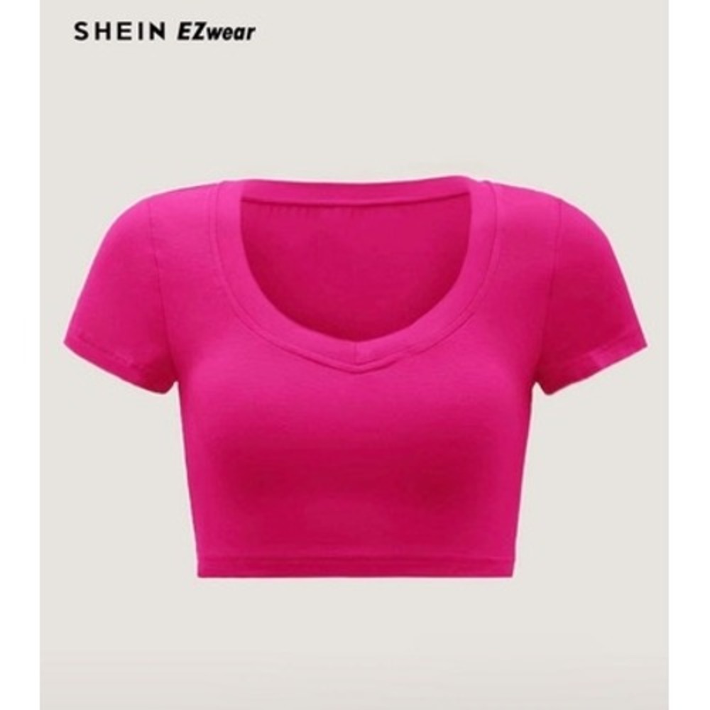 SHEIN Crop Top Small Hot Pink Scoop Neck Short Sleeve EZwear